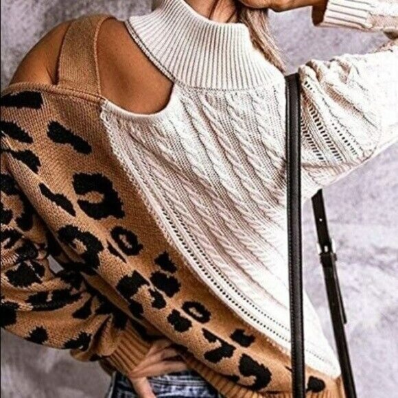 New Boho Leopard Print Sweater Women's Size Small Cream Cold Shoulder Top - Picture 2 of 10